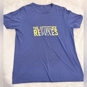 Men’s Large Size Blue Graphic T-Shirt with Yellow Text.